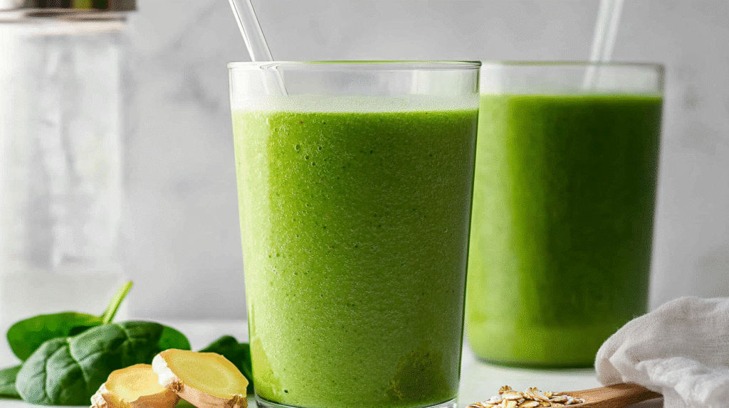 Detox Island Green Smoothie: The Best Tropical Cleanse for a Healthier You 4 Two glasses of Detox Island Green Smoothie with glass straws, set on a white surface with ginger, oats, and mint.