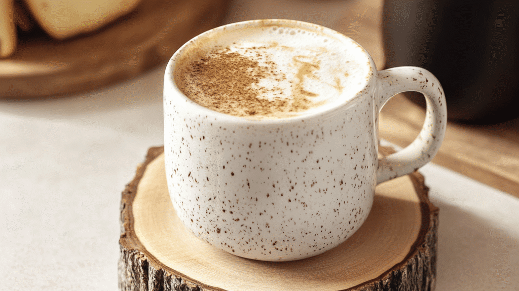 Hojicha Latte: The Rich & Toasty Japanese Drink Taking Over Cafes 4 Hojicha latte served in a speckled ceramic mug on a wooden coaster with warm lighting.