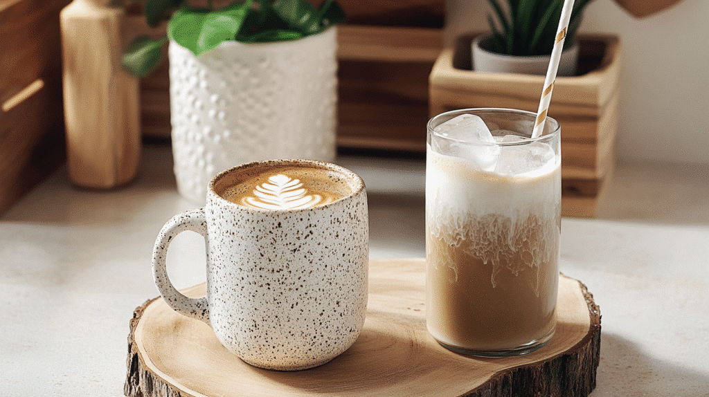 Hojicha Latte: The Rich & Toasty Japanese Drink Taking Over Cafes 6 Hojicha latte served hot and iced in rustic mugs on a wooden coaster with cozy kitchen decor in the background.
