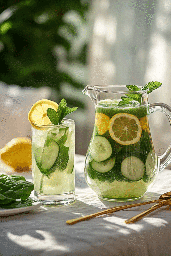 Ice Water Hack Recipe: The Ultimate Guide to a Refreshing Health Boost 6 Glass and pitcher filled with ice water hack recipe: cucumber slices, lemon, mint, and spinach, on a white table in natural sunlight.