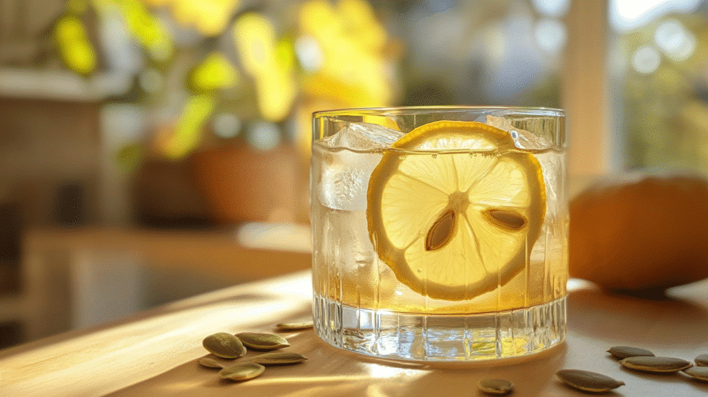 Pumpkin Seed Drink for Weight Loss: Benefits, Recipes & Results 6 A refreshing glass of pumpkin seed drink with lemon slice and ice cubes on a sunlit wooden table.