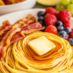 Spaghetti Pancake Recipe: A Fun Twist for Breakfast Lovers 6 Plate of spaghetti pancake recipe topped with a square of butter and syrup, served with crispy bacon and fresh berries.