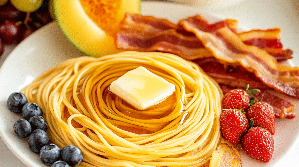 Spaghetti Pancake Recipe: A Fun Twist for Breakfast Lovers 5 Plate of spaghetti pancake recipe with syrup and butter, served with crispy bacon and fresh fruit.