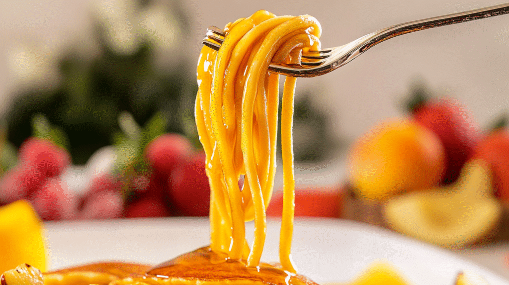 Spaghetti Pancake Recipe: A Fun Twist for Breakfast Lovers 8 Fork holding a twirl of spaghetti pancake recipe, drizzled with syrup, with fruit and breakfast items blurred in the background.