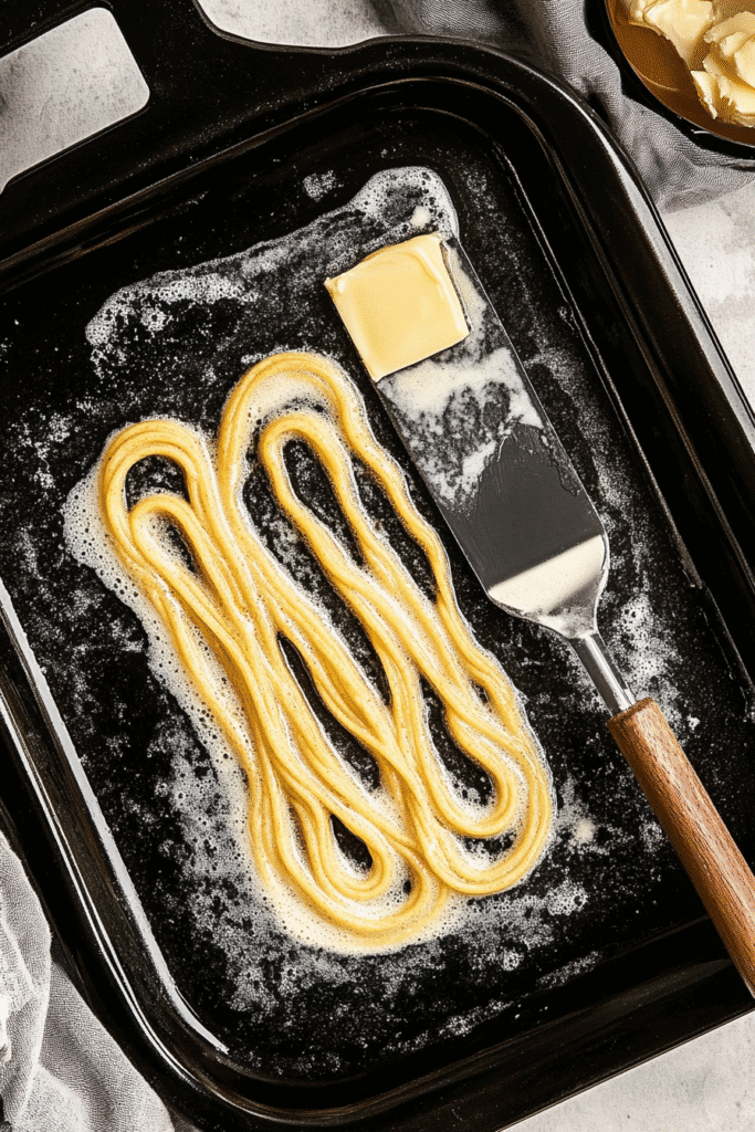Spaghetti Pancake Recipe: A Fun Twist for Breakfast Lovers 7 Spaghetti pancake recipe batter cooking on a black griddle with a spatula and melted butter.