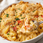 Trader Joes Lobster Pasta: Why It's Taking Over the Internet 5 A serving spoon lifting trader joes lobster pasta with crispy breadcrumbs from a white oval baking dish.