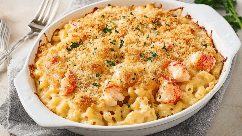 Trader Joes Lobster Pasta: Why It's Taking Over the Internet 4 Creamy Trader Joes lobster pasta baked in a white dish, topped with golden breadcrumbs and garnished with fresh herbs.