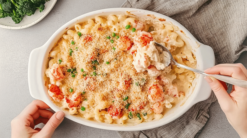 Trader Joes Lobster Pasta: Why It's Taking Over the Internet 6 Hands serving creamy Trader Joes Lobster Pasta with golden breadcrumbs from a white oval dish.