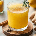Glass of yellow Zepbound recipe garnished with thyme, surrounded by ginger, star anise, and cinnamon on a wooden coaster.