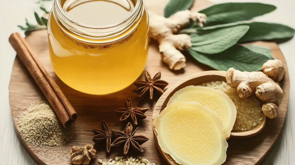 Flat lay of Zepbound recipe ingredients including honey, ginger, cinnamon, star anise, and herbs on a wooden board.
