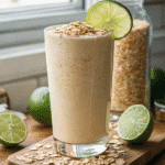 Oatzempic Drink: The Natural Weight Loss Beverage Everyone is Talking About 5 Glass of creamy Oatzempic drink topped with oats and garnished with a lime slice, with limes and oat flakes scattered on a wooden board.