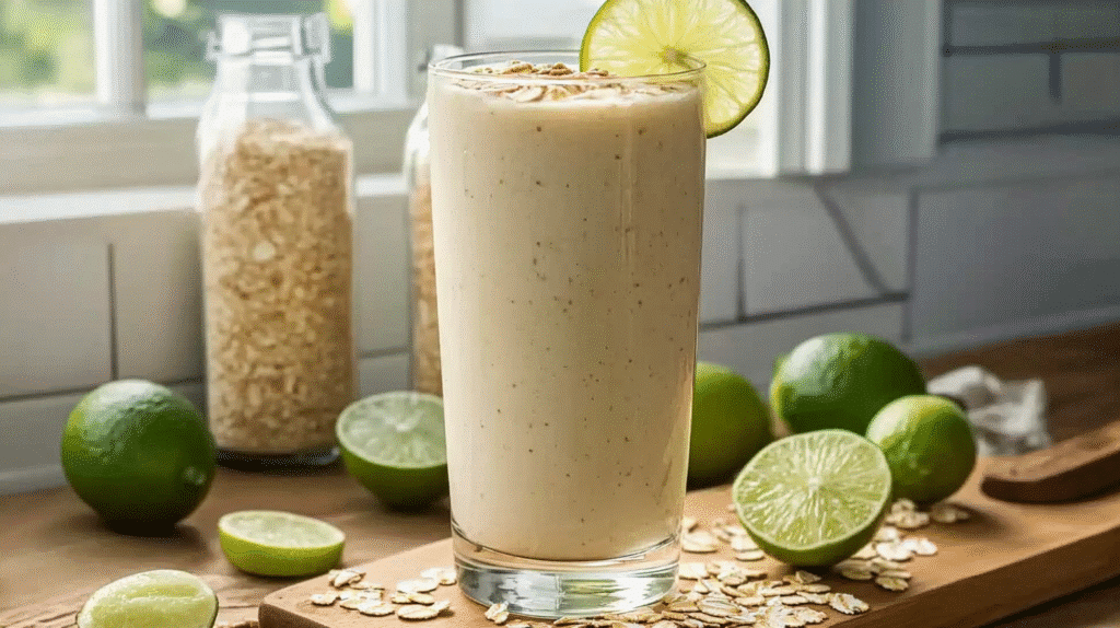 Oatzempic Drink: The Natural Weight Loss Beverage Everyone is Talking About 4 Tall glass of Oatzempic drink topped with oats and lime slice, with limes, oat flakes, and bottles in a cozy kitchen setting.