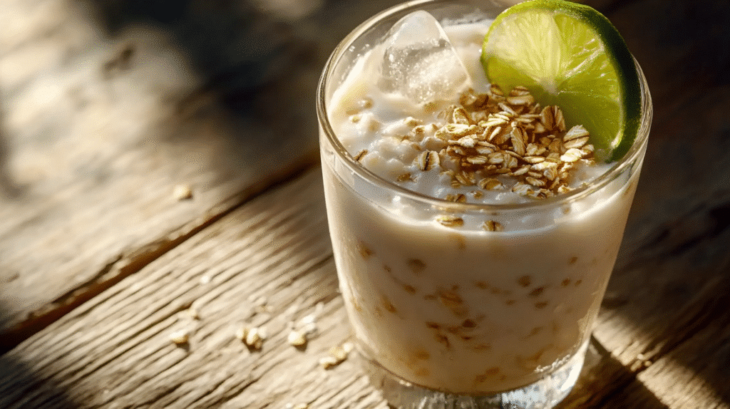 Oatzempic Drink: The Natural Weight Loss Beverage Everyone is Talking About 6 Glass of Oatzempic drink with ice, rolled oats topping, and a lime slice on a rustic wooden table.