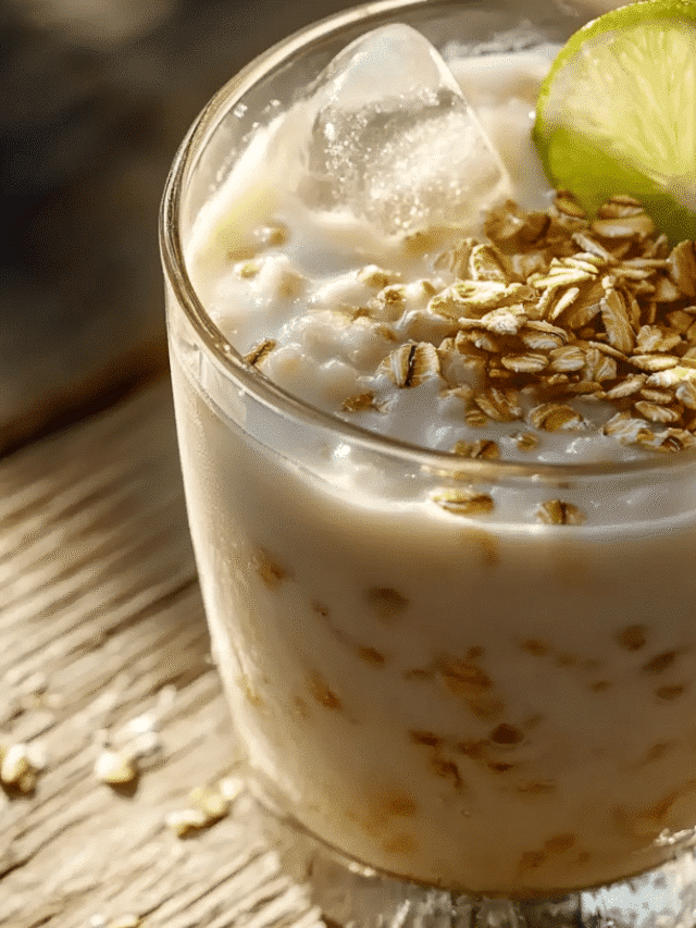 The Ultimate Guide to Weight Loss & Detox Drinks 2 Glass of Oatzempic drink with ice, rolled oats topping, and a lime slice on a rustic wooden table.