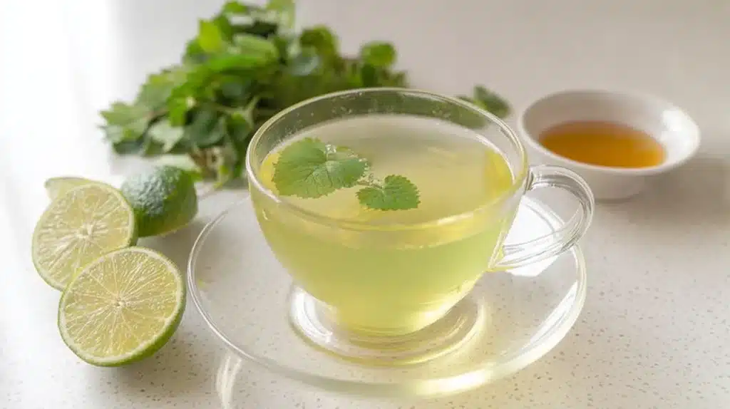 Lemon Balm Tea for Weight Loss Recipe: A Natural Herbal Slimming Solution 5 A clear glass teacup filled with lemon balm tea for weight loss recipe, surrounded by fresh lime slices, mint leaves, and honey on a white countertop.