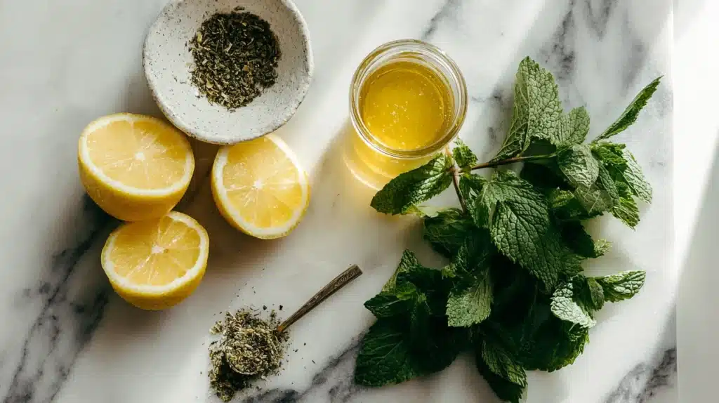 Lemon Balm Tea for Weight Loss Recipe: A Natural Herbal Slimming Solution 7 Fresh lemon balm tea for weight loss recipe ingredients including lemon balm leaves, lemons, honey, and dried herbs on a marble counter.