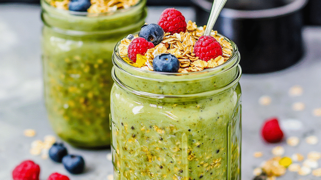 Mason jars of matcha overnight oats topped with blueberries, raspberries, granola, and honey drizzle.
