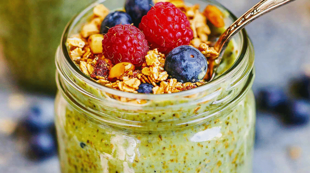 Close-up of matcha overnight oats in a mason jar topped with fresh raspberries, blueberries, and crunchy granola.