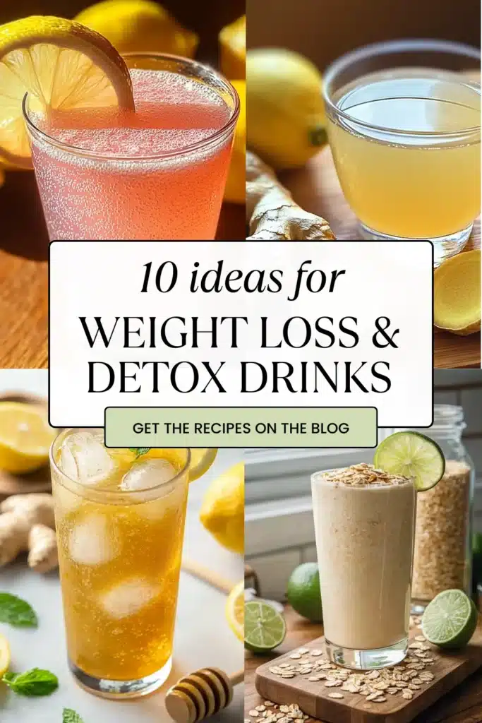 The Ultimate Guide to Weight Loss & Detox Drinks 1 Collage of four refreshing weight loss drinks including lemon water, ginger detox tea, sparkling honey lemon water, and an oat-lime smoothie.