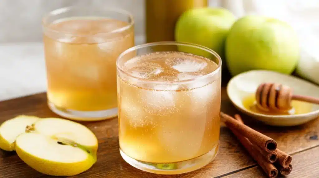 Apple Cider Vinegar for Weight Loss Recipe: The Complete Guide 4 A glass of apple cider vinegar for weight loss recipe with ice, cinnamon, green apple, and lemon slices on a wooden table.