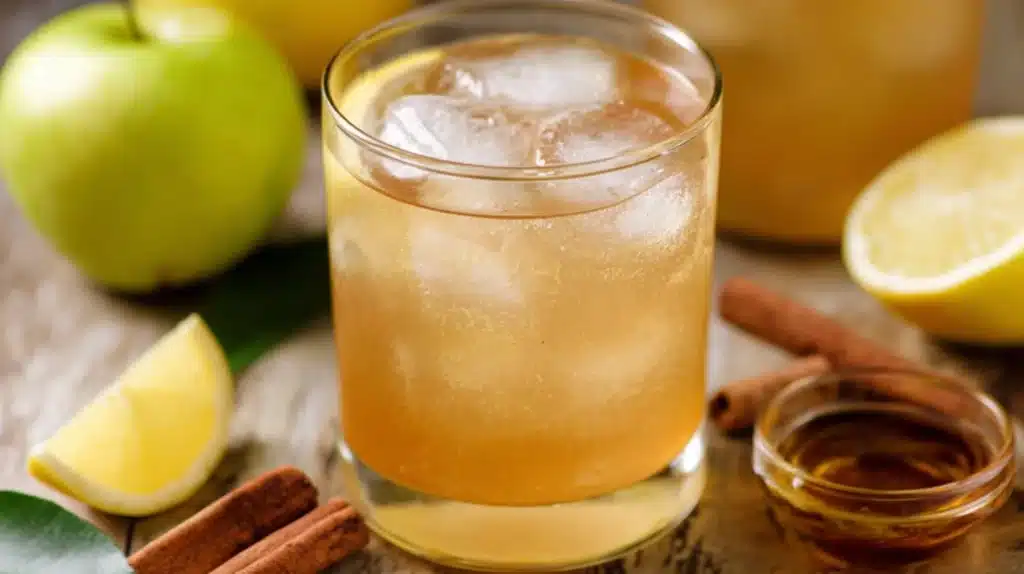 Apple Cider Vinegar for Weight Loss Recipe: The Complete Guide 6 A glass of apple cider vinegar for weight loss recipe with ice cubes, surrounded by apples, lemon slices, cinnamon, and honey on a rustic wooden table.