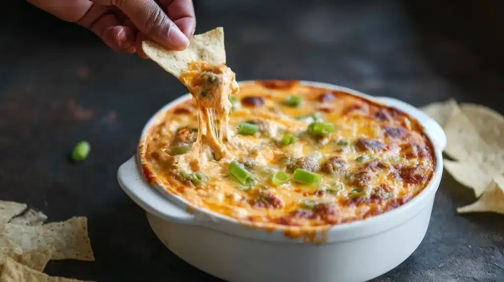 Buffalo Chicken Dip in a white baking dish with melted cheese and a chip being dipped into the gooey, cheesy mixture.