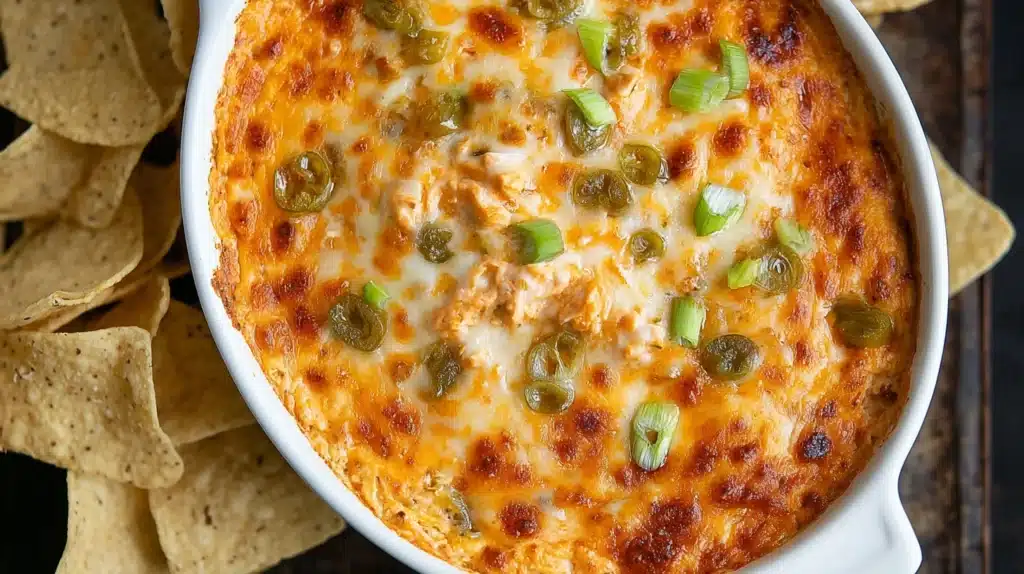 Cheesy Buffalo Chicken Dip in a white baking dish, topped with green onions and served with tortilla chips.