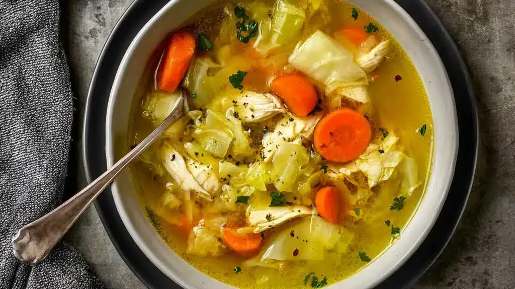 Bowl of cabbage chicken soup for weight loss with chicken, carrots, celery, and cabbage in a light broth.
