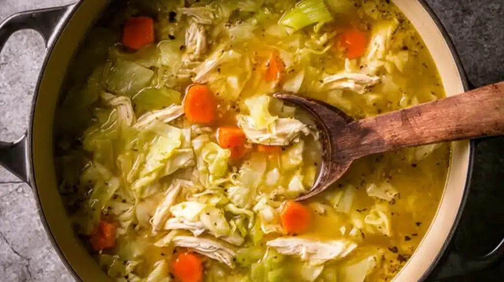 A pot of cabbage chicken soup for weight loss filled with tender chicken, cabbage, carrots, and celery in a golden broth.
