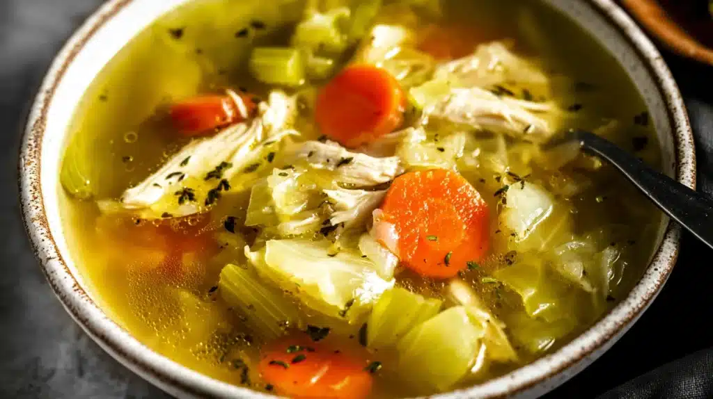 A hearty bowl of cabbage chicken soup for weight loss filled with cabbage, carrots, celery, and tender chicken in a light golden broth.