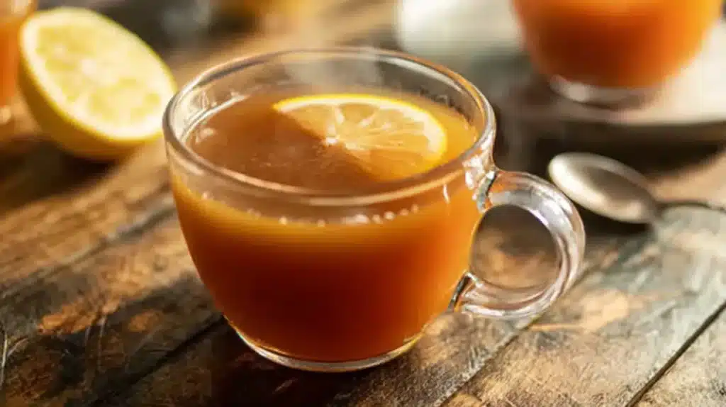 Costa Rican Tea Recipe: A Traditional Drink with Modern Benefits 4 Overhead view of multiple glass cups filled with Costa Rican Tea Recipe, garnished with lemon slices on a rustic wooden table.