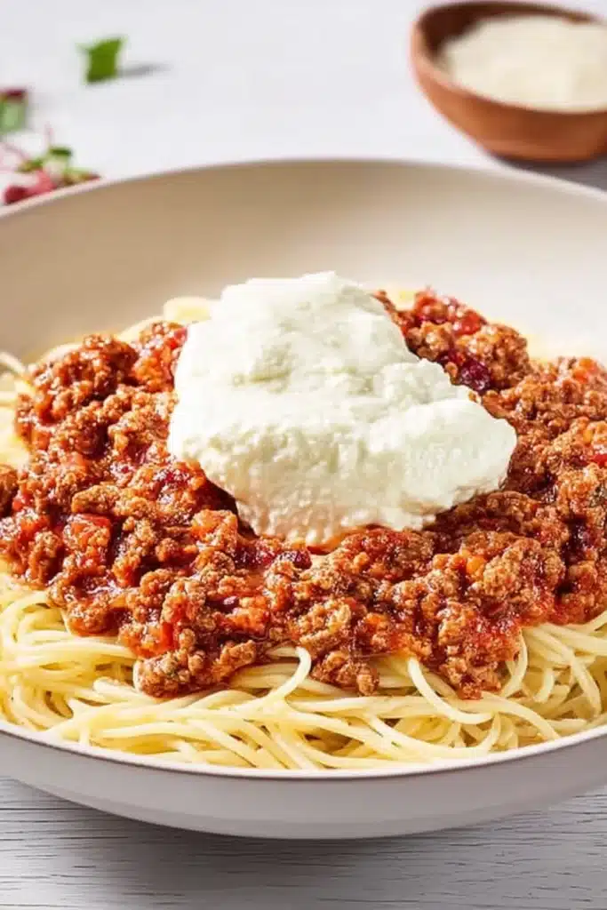 A close-up bowl of Cranberry Spaghetti topped with rich cranberry-infused meat sauce and a dollop of creamy ricotta cheese, served over spaghetti noodles.