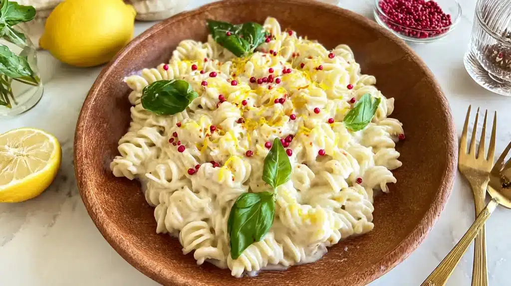 Creamy lemon ricotta pasta with fusilli noodles, garnished with lemon zest and basil, served in a rustic wooden bowl.