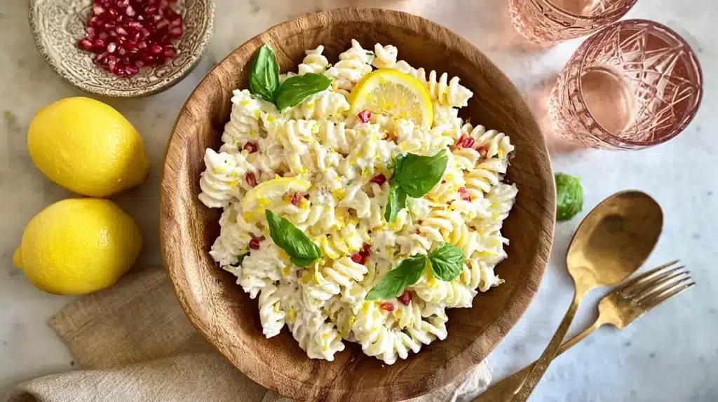 LEMON RICOTTA PASTA served in a wooden bowl, topped with lemon zest and pink peppercorns, garnished with basil leaves.