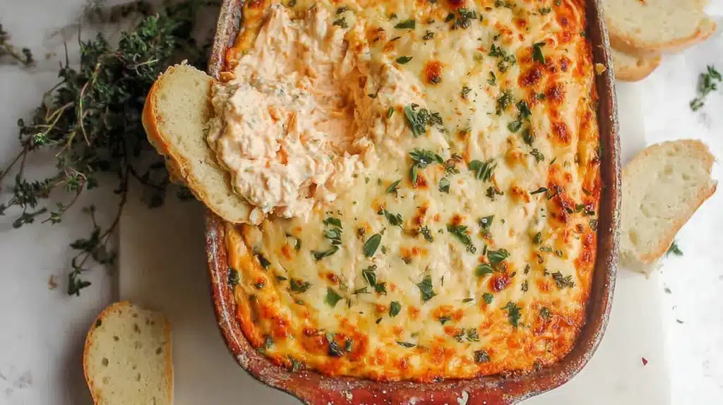 Marry Me Chicken Dip Recipe: The Best Creamy Cheesy Appetizer You’ll Ever Try 5 Close-up of a freshly baked Marry Me Chicken Dip Recipe in a ceramic dish, topped with golden melted cheese and fresh herbs.