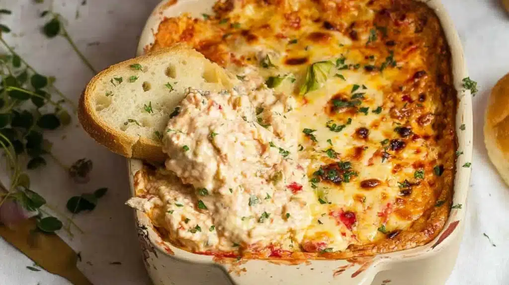 Marry Me Chicken Dip Recipe: The Best Creamy Cheesy Appetizer You’ll Ever Try 8 Baked Marry Me’ Chicken Dip in a ceramic dish with golden melted cheese and herbs, served with bread.