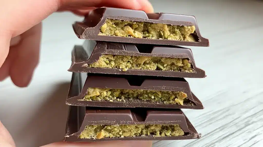 Trader Joe's Dubai Chocolate: A Sweet Global Delight 1 Close-up view of Trader Joe's Dubai chocolate bars stacked together, showing a pistachio-filled layer inside rich dark chocolate.