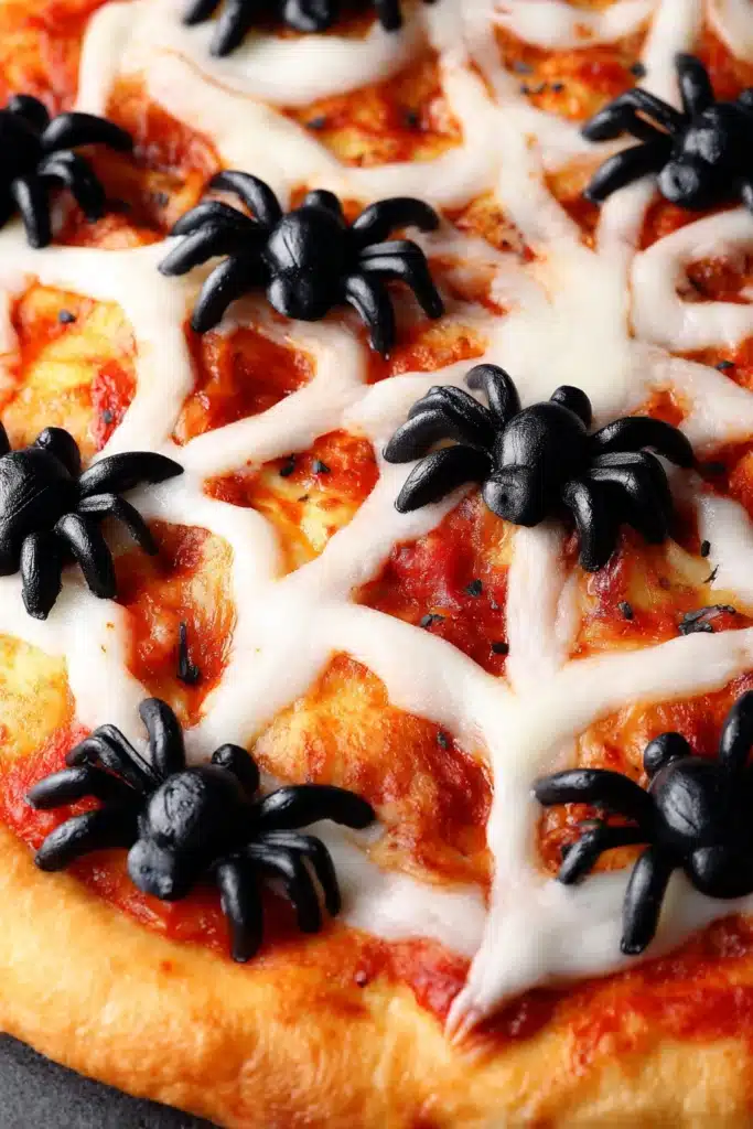 Close-up of a Spider Web Pizza topped with melted mozzarella in a web pattern and black olive spiders for Halloween.