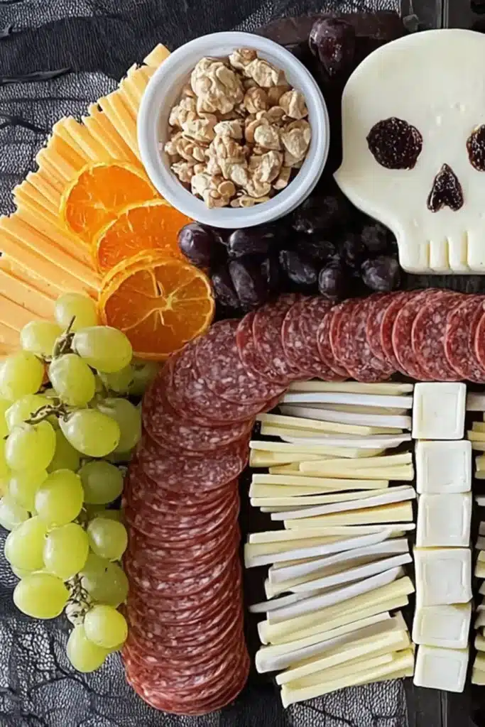 Halloween charcuterie board arranged in the shape of a skeleton, skull made from brie cheese with olive eyes, ribs crafted from layered cheese slices, salami forming the rib cage, surrounded by cubed cheddar, grapes, orange slices, olives, crackers, and nuts, displayed on a black spiderweb tablecloth, spooky festive atmosphere.