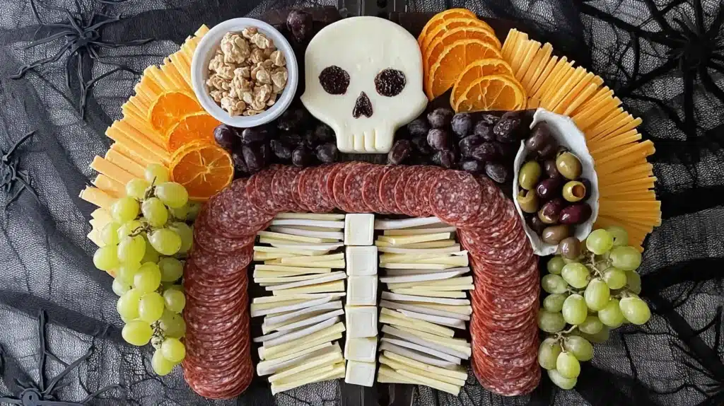 Halloween charcuterie board styled like a spooky skeleton