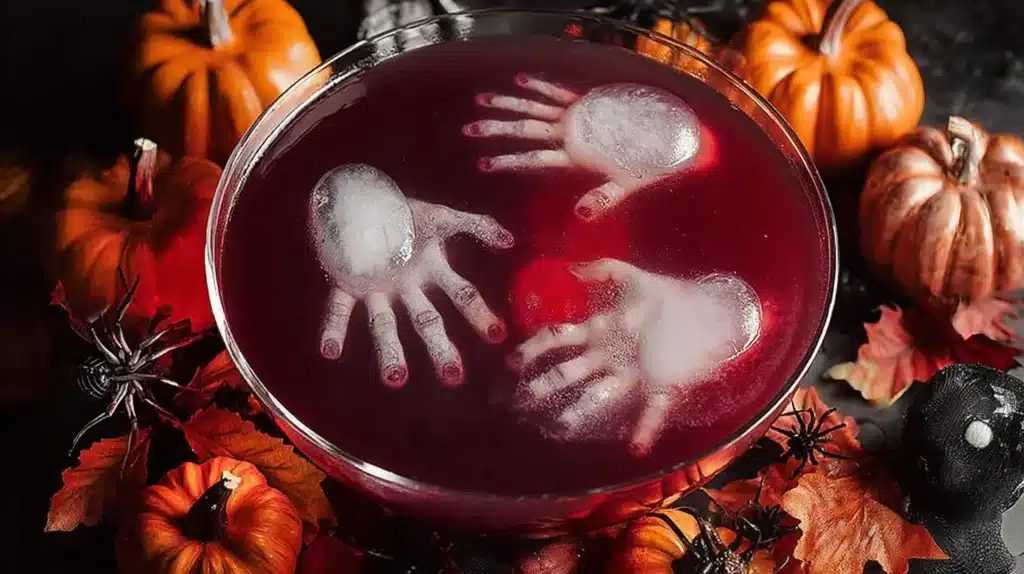 Halloween punch bowl with red punch and floating ice hands, surrounded by pumpkins and spooky fall decorations.