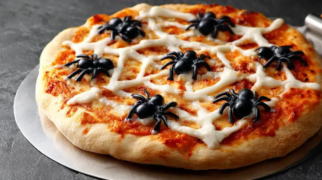 Close-up of a Spider Web Pizza topped with melted mozzarella in a web pattern and black olive spiders for Halloween.