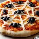 This Spider Web Pizza is a fun Halloween recipe topped with mozzarella cheese webs and black olive spiders.