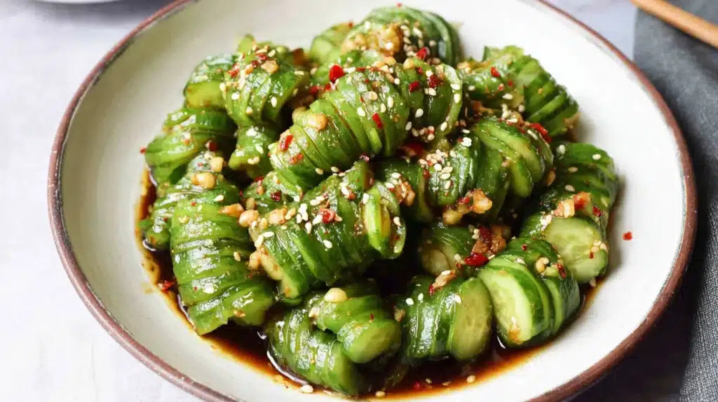 Viral Cucumber Salad Recipe: The Trend That Took TikTok by Storm 5 Viral cucumber salad recipe featuring spiral-cut cucumbers with sesame seeds, chili flakes, and garlic dressing in a ceramic bowl.
