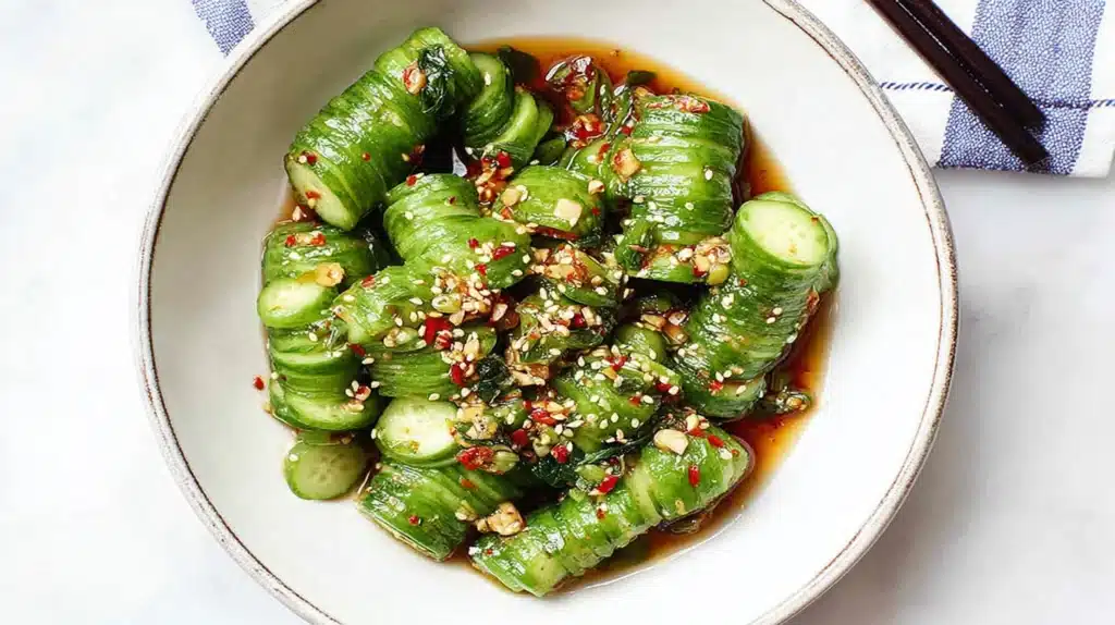 Viral Cucumber Salad Recipe: The Trend That Took TikTok by Storm 8 Bowl of viral cucumber salad recipe made with sliced cucumbers, sesame seeds, scallions, chili flakes, and soy dressing.