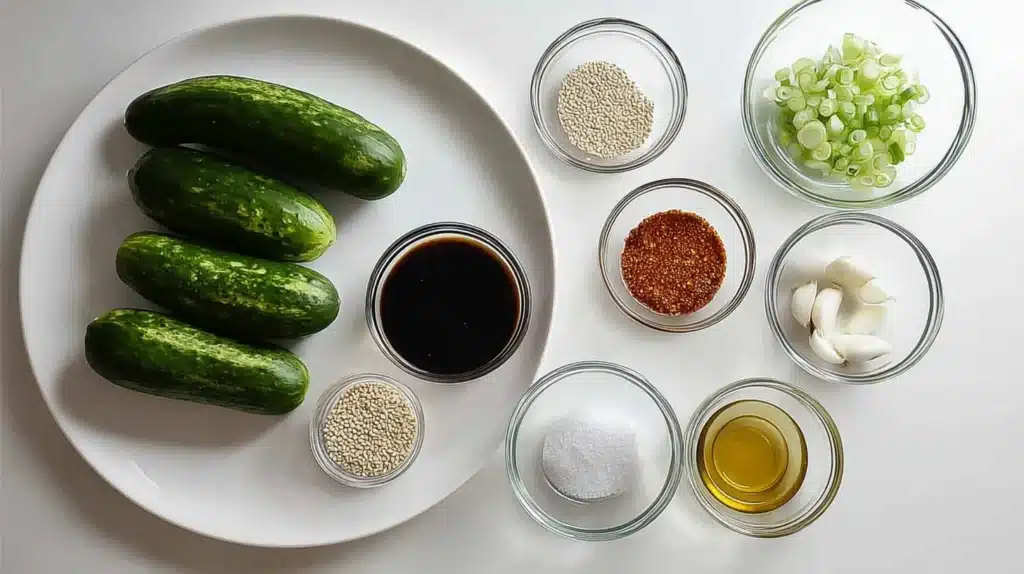 Viral Cucumber Salad Recipe: The Trend That Took TikTok by Storm 7 Flat lay of fresh cucumbers, garlic, green onions, sesame seeds, soy sauce, chili oil, rice vinegar, and sugar prepared for viral cucumber salad recipe.
