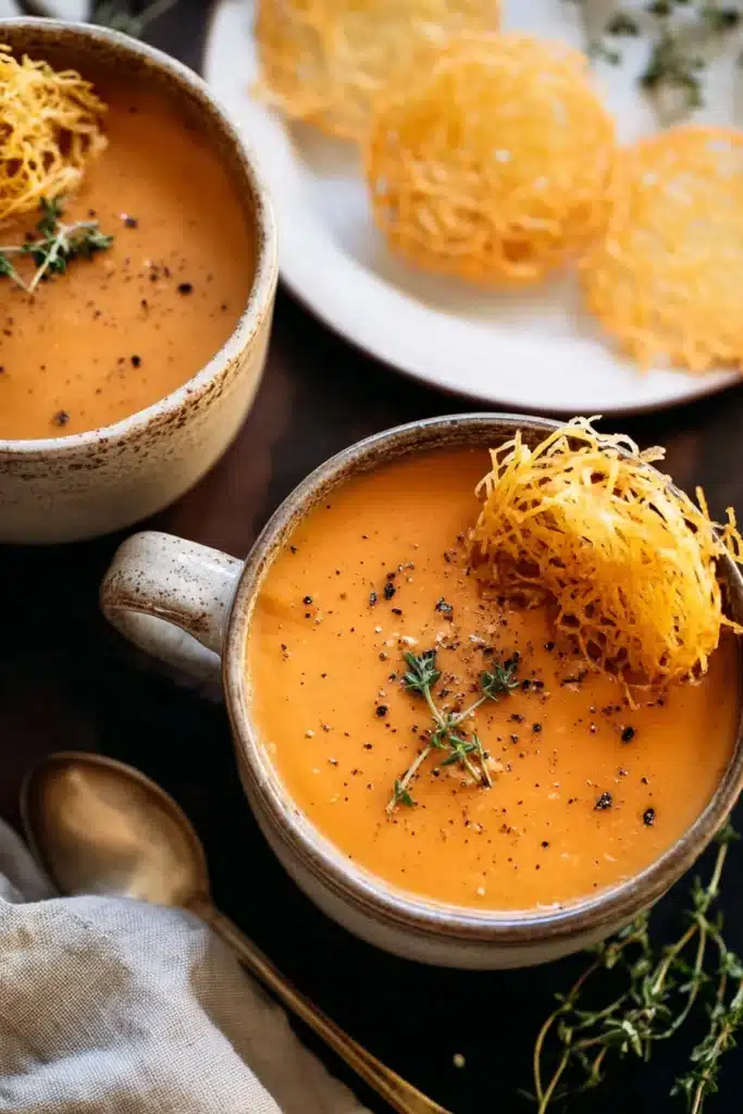 Rustic ceramic mugs filled with creamy butternut squash tomato soup, garnished with thyme and served with crispy parmesan crisps.