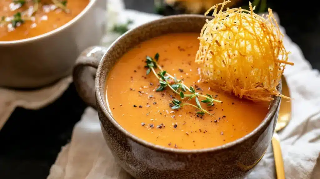 A cozy mug of butternut squash tomato soup garnished with thyme and a parmesan crisp, served on a dark rustic table with a linen napkin.