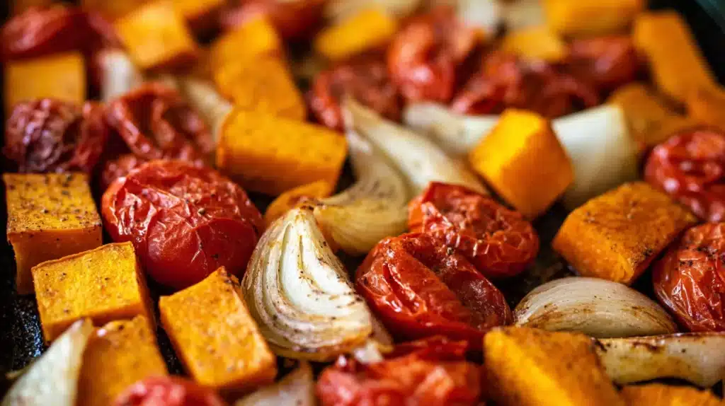 Close-up of roasted butternut squash, tomatoes, and onions on a baking sheet, perfectly caramelized for soup preparation.