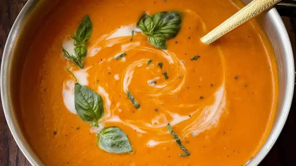 Close-up of a creamy butternut squash and tomato soup garnished with basil leaves and a swirl of cream.